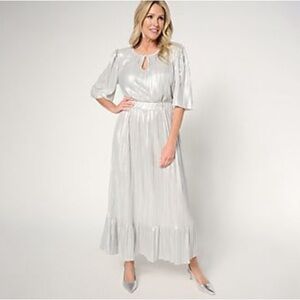 NWT By Stacy London Matallic Plisse Pleated Midi Dress in Silver